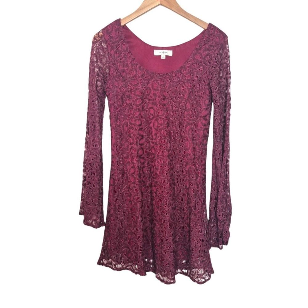 Umgee USA Burgundy Red Lace Long Bell Sleeve Mini Dress Size Medium